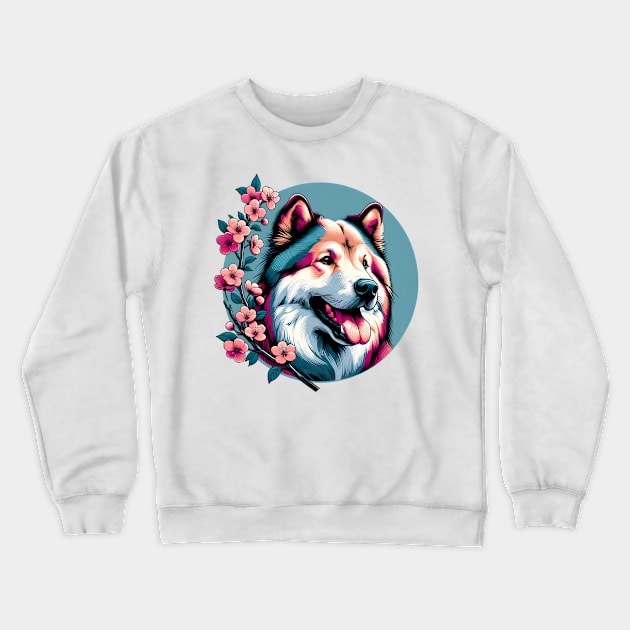 Karelian Bear Dog Delights in Spring Cherry Blossoms Crewneck Sweatshirt by ArtRUs